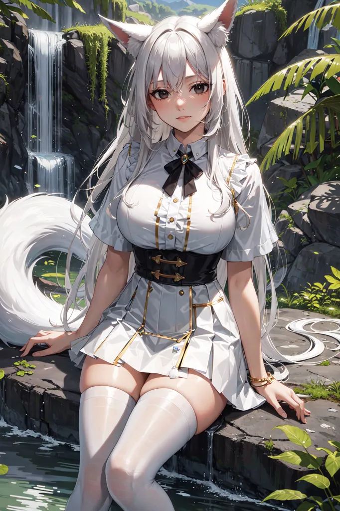 The image is of an anime-style girl with white hair and fox ears. She is wearing a white dress with a black belt and a white bow tie. She is sitting on a rock in a forest, with a waterfall in the background. The girl is looking at the viewer with a shy expression on her face.