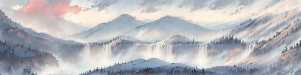 The image is a misty landscape painting in a realistic style. The foreground is a dark mountain slope covered in snow. In the background, there is a mountain range, partially obscured by fog. A river runs through the valley in front of the mountains. The sky is light blue with some scattered clouds. The painting has a soft, dreamlike quality.