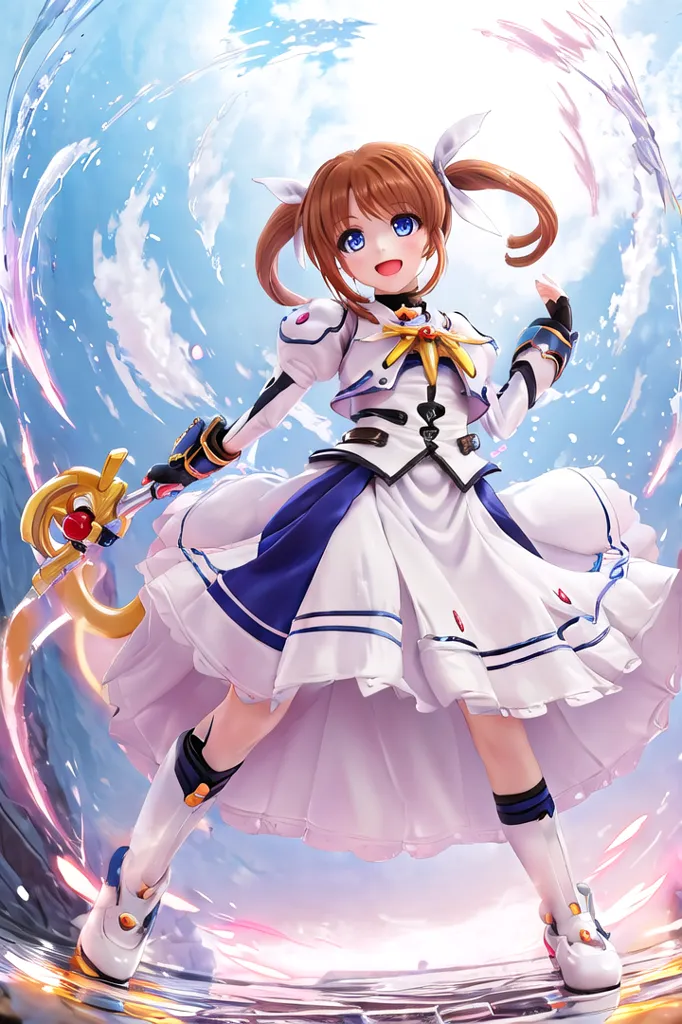 This is an illustration of a young girl with brown hair and blue eyes. She is wearing a white and blue dress with a yellow gem on her chest. She is also wearing white and blue boots. She is holding a staff with a yellow gem on the end. She is standing in a blue and white background with a bright light in the center.