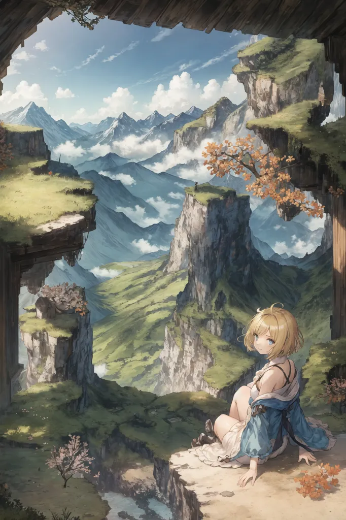 L'image représente une jeune fille blonde assise sur une falaise, contemplant un paysage magnifique. Le paysage est une vallée avec des montagnes en arrière-plan. Le ciel est bleu avec des nuages. La fille porte une robe blanche et un cape bleue. Elle a une expression triste sur son visage.