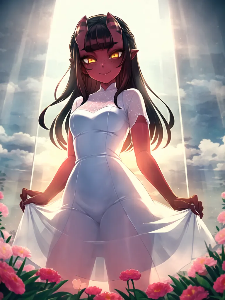 This is an image of a young woman with dark skin and long black hair. She is wearing a white dress and has red eyes and horns. She is standing in a field of pink flowers and is looking at the viewer with a slight smile on her face. The background is a bright sky with white clouds.