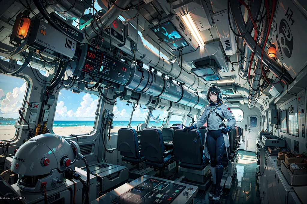 The image shows a futuristic spaceship interior. There are a lot of electronic devices and screens on the walls. A woman in a spacesuit is standing in the center of the room. She is looking at a screen. There are two empty chairs in front of her. There is a large window on the left side of the room. The window shows a beach with palm trees.