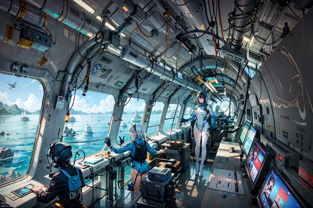 La imagen muestra a un grupo de personas en una sala de control futurista. Hay tres mujeres y un hombre. Todos llevan uniformes de alta tecnología. La sala está llena de computadoras y otros equipos electrónicos. También hay varias ventanas grandes que dan al océano. Las personas de la imagen están mirando algo en una de las pantallas de computadora. La imagen está llena de detalles y es evidente que el artista puso mucho pensamiento en crearla.