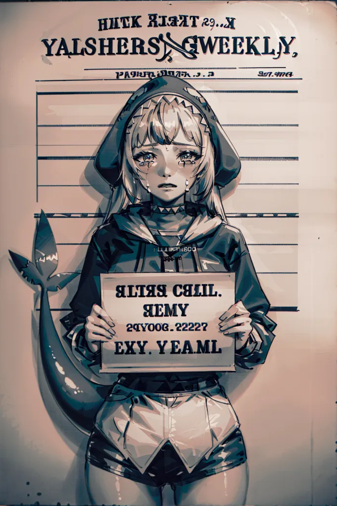 The image shows an anime-style girl with shark-like features. She has long, light blue hair and blue eyes. She is wearing a gray hoodie and shorts. The girl is crying and holding a sign that says "Remy" and "24Y006.22227 EXY.YEAML". She is also shown with a shark tail.