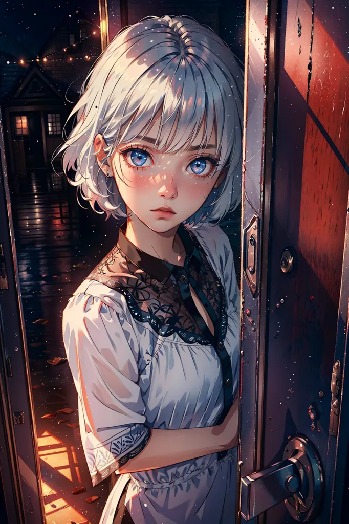 La imagen es una pintura de una mujer joven con el cabello corto y blanco y ojos azules. Lleva un vestido blanco con un cuello azul. El fondo es una habitación oscura con una puerta. La mujer está de pie frente a la puerta, con la mano derecha en el pomo de la puerta. Mira al espectador con una expresión triste en su rostro.