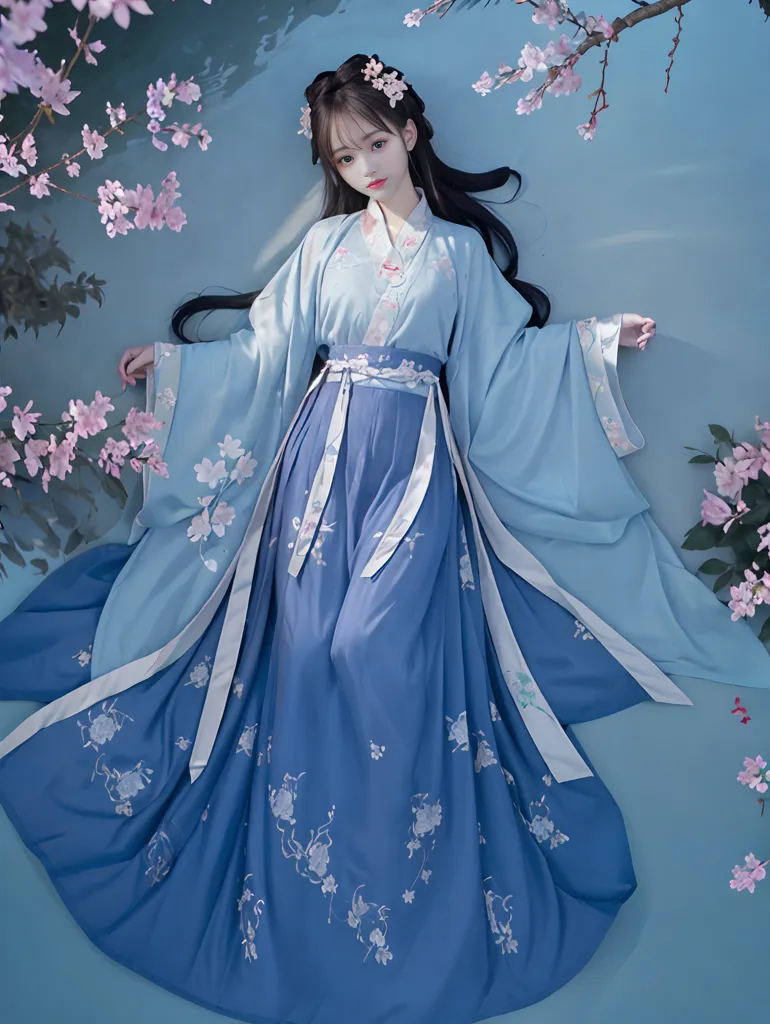 La imagen muestra a una mujer joven que lleva un vestido tradicional chino llamado hanfu. El vestido es azul con bordados florales blancos y rosas. La mujer tiene el cabello negro y largo, y lleva una flor rosa en el cabello. También lleva maquillaje tradicional chino. El fondo es un degradado azul con flores de cerezo rosas.