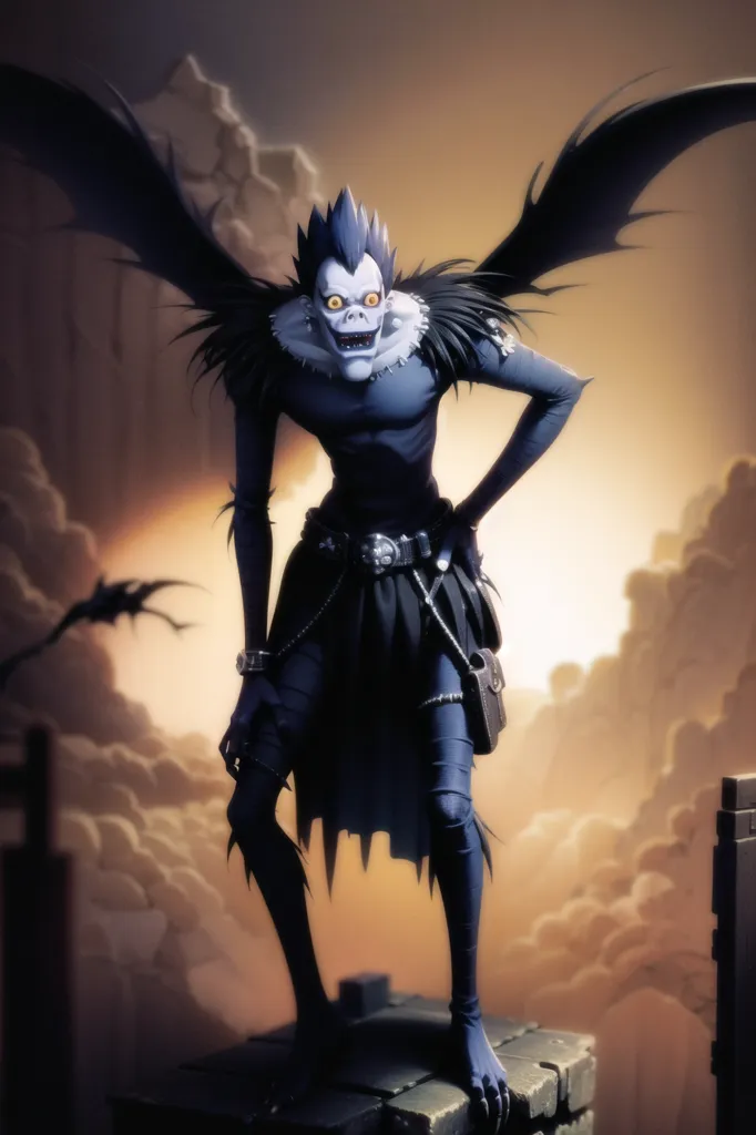 Görüntü, Death Note serisinden bir shinigami olan Ryuk karakterinin görüntüsüdür. Kanatları arkasında açık bir şekilde bir kenarın üzerinde duruyor. Siyah bir takım elbise ve beyaz bir gömlek giyiyor. Saçları siyah ve gözleri sarı. Yüzünde bir sırıtma var. Arka plan karanlık bir gökyüzü ve bulutlardan oluşuyor. Arka planda uçan yarasalar var. Görüntü gerçekçi bir tarzda ve renkler canlı.