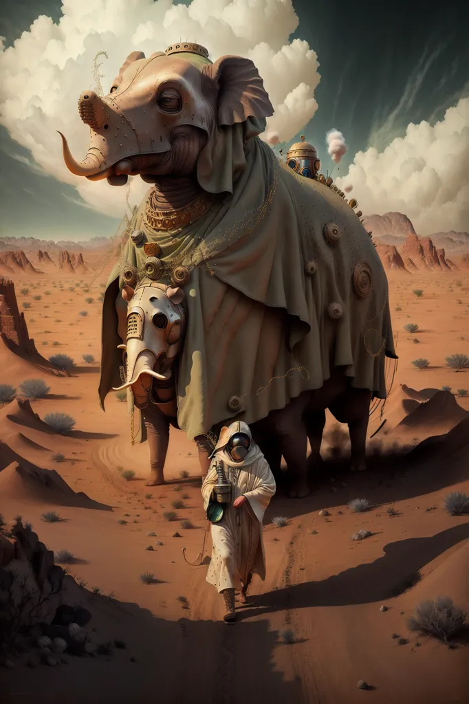 The image is set in a desert. There is a large, steampunk elephant-like creature walking through the desert. It has a long trunk and large ears. It is wearing a green and brown blanket with various mechanical devices attached to it. There is a small figure walking in front of the creature. The figure is wearing a white robe and a gas mask. The creature and the figure are both walking towards the viewer.