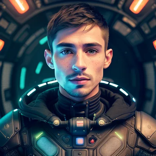 Esta es una imagen de un hombre joven con un traje espacial futurista. Tiene el cabello corto y castaño y ojos azules. Lleva un traje espacial negro con luces verdes y azules en el pecho y los hombros. Está de pie en una nave espacial u otro entorno futurista.