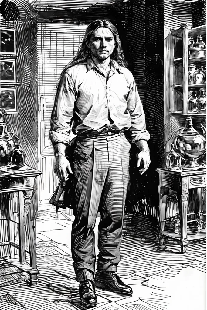 The image is a black and white drawing of a man standing in a room. The man is tall and has long hair and a beard. He is wearing a shirt and pants. The room is dark and there are shelves on the walls. There are bottles and jars on the shelves. The man is looking at the viewer with a serious expression.