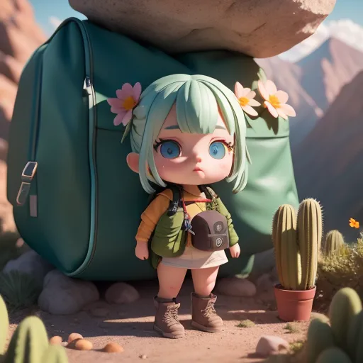 This image shows a young girl standing in a desert landscape. She is wearing a green and yellow jacket, a white skirt, and brown boots. She has a large green backpack on her back and is carrying a walking stick in her right hand. She has green hair and blue eyes. There are cacti, rocks, and flowers in the background.