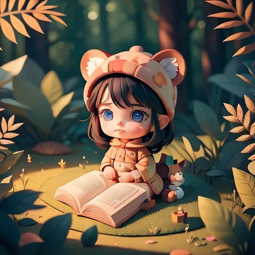 A imagem é de uma criança pequena sentada em uma floresta lendo um livro. A criança está usando um chapéu de urso laranja e marrom com luvas combinando. A criança está sentada em um pequeno pedaço de grama cercado por grandes folhas verdes e cogumelos vermelhos. Há uma pequena raposa marrom sentada ao lado da criança. A criança tem cabelos curtos castanhos e olhos azuis e está olhando para baixo para o livro. O livro está aberto e o dedo da criança está marcando a página. O fundo é um borrão de folhas e galhos verdes.