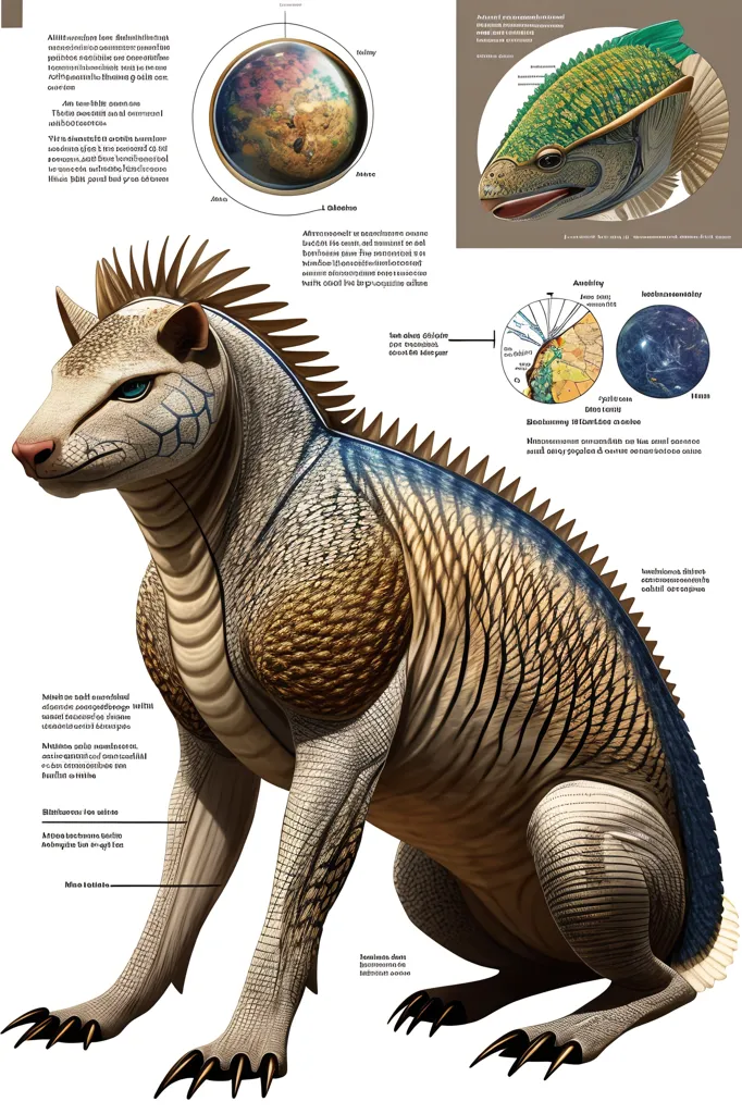 この画像は、推測上の外来生物を描いたものです。これは、長い尾と首回りに特徴的な毛皮を持つ、大型の四足動物です。この生物の皮膚は鱗に覆われており、足には大きく鋭い爪があります。また、肉を引き裂くように設計された鋭い歯を持っています。その瞳は深い青色で、広く平らな顔に配置されています。この画像には、この生物の生物学的特徴や行動に関する詳細な説明が添えられています。