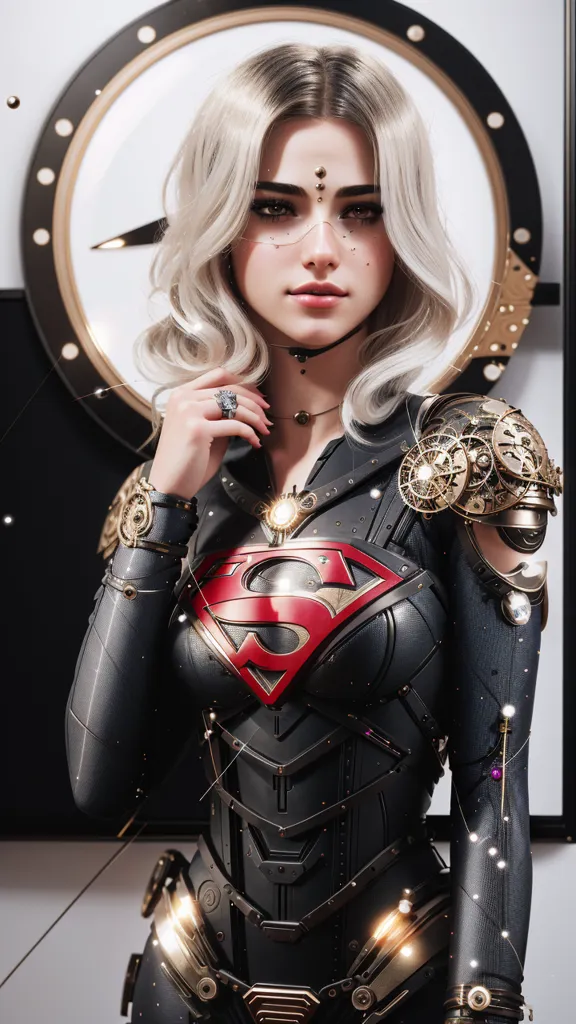 This is an image of a woman dressed in a black and silver superhero costume. She has long blonde hair and blue eyes. She is standing in front of a white background with a large clock behind her. The woman is wearing a silver necklace with a red gem in the center. She is also wearing a ring on her right hand. The woman's expression is serious and determined.