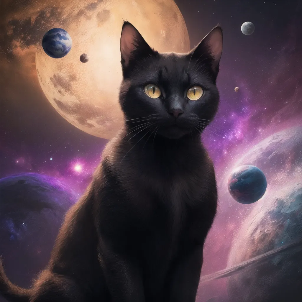 This is a digital painting of a black cat sitting in space. The cat is looking at the viewer with its yellow eyes. There are several planets and moons in the background. The planets are Earth, Saturn, Jupiter, and Mars. The moons are Phobos, Deimos, Io, and Europa. The cat is sitting on a piece of rock or debris. There are stars and galaxies in the background.