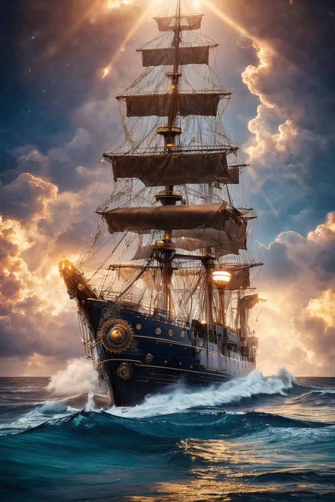 La imagen muestra un gran y majestuoso barco con las velas desplegadas, surcando las olas. El barco es negro y dorado, con intrincados tallados y detalles. El cielo está oscuro y tormentoso, con nubes girando alrededor del barco. El barco está iluminado por una luz brillante, que parece provenir del propio barco. El barco está rodeado de grandes olas que se estrellan. La imagen está llena de acción y aventura, y evoca una sensación de asombro y emoción.