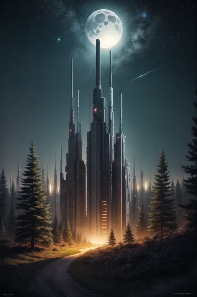 The image is a digital painting of a futuristic city. The city is depicted as a group of tall, sleek buildings with a large moon in the background. The buildings are lit up and there are trees in the foreground. The sky is dark and there are stars in the sky. The image is in a realistic style and the colors are vibrant.