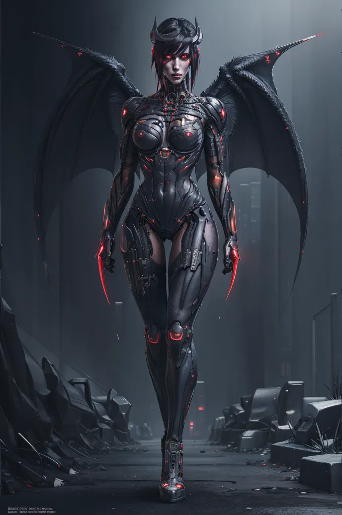 The image is a dark and futuristic depiction of a female demon. She is tall and slender, with pale skin and long, black hair. Her eyes are red and her ears are pointed. She is wearing a black bodysuit that covers her body from head to toe. The suit is made of a material that looks like metal or leather. It has a high collar and long sleeves. The suit also has a number of red lights on it. These lights may be used to indicate her power or her status. 

The demoness also has a pair of black wings. The wings are large and bat-like. They are made of a material that looks like leather or skin. The wings are attached to her back and they extend down to her feet. 

The demoness is standing in a dark and ruined city. The city is full of rubble and debris. There are no people in the city. The only sound is the sound of the wind blowing through the ruins. 

The demoness is looking at the camera. Her eyes are full of hatred and anger. She is ready to attack anyone who comes near her.