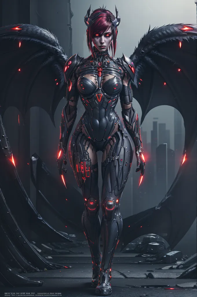 The image is a digital painting of a female character with red hair and black wings. She is wearing a black bodysuit with red highlights and has a red glowing core in her chest. She is also wearing a pair of black boots and has black gloves on her hands. The character is standing in a dark, ruined city and is surrounded by debris. There are also several large buildings in the background. The character is looking at the viewer with a determined expression on her face.