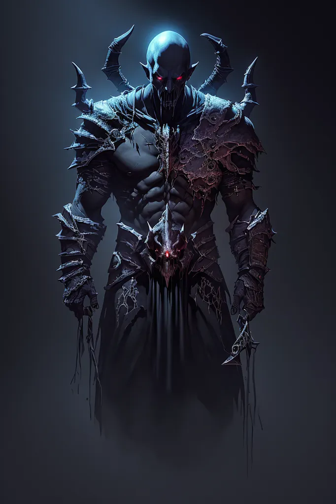 The image is a dark fantasy illustration of a muscular demon with black skin and glowing red eyes. It is wearing a black loincloth and a breastplate made of bone and metal. The demon is also wearing a horned helmet and has a pair of large wings. It is standing in a dark, smoky background and is surrounded by a glowing red aura and it has a skull belt buckle.