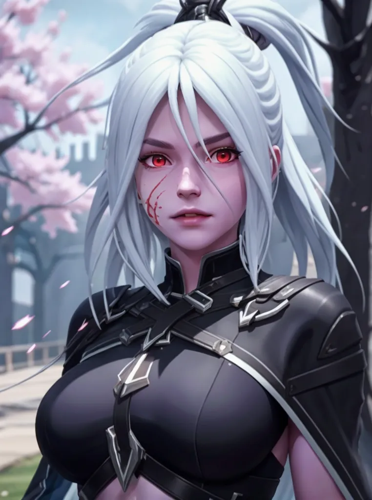 The image is a portrait of a young woman with long white hair and red eyes. She is wearing a black and grey bodysuit with a high collar and a long ponytail. The background is a blurred image of a city with cherry blossoms. The woman's expression is serious and determined.