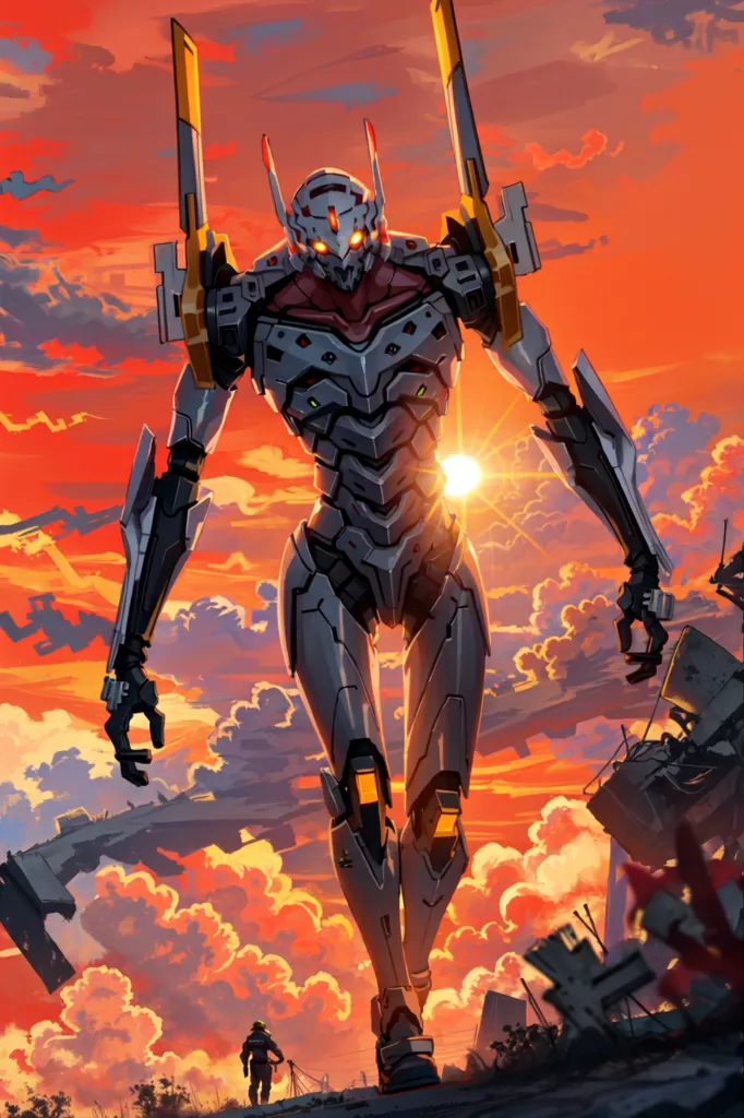 The image is of a giant robot standing in a ruined city. The robot is mostly gray and white, with some yellow and red details. It has a large head with a single eye, and its body is covered in armor. The robot is standing on a pile of rubble, and there are destroyed buildings and trees all around it. The sky is orange, and there are clouds in the background. There are two small human figures standing in the foreground.