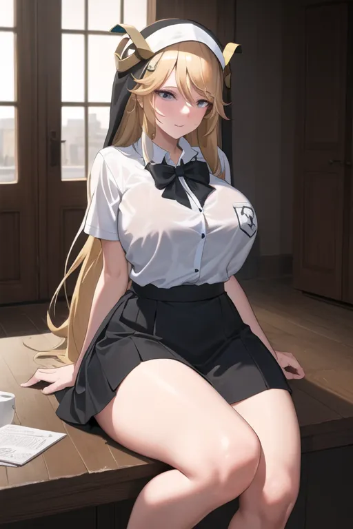 The image is a digital painting of a young woman with long blonde hair and blue eyes. She is wearing a white shirt, a black skirt, and a nun's habit. She is sitting on a table, with her legs crossed and her hands resting on the table. She has a smug expression on her face.