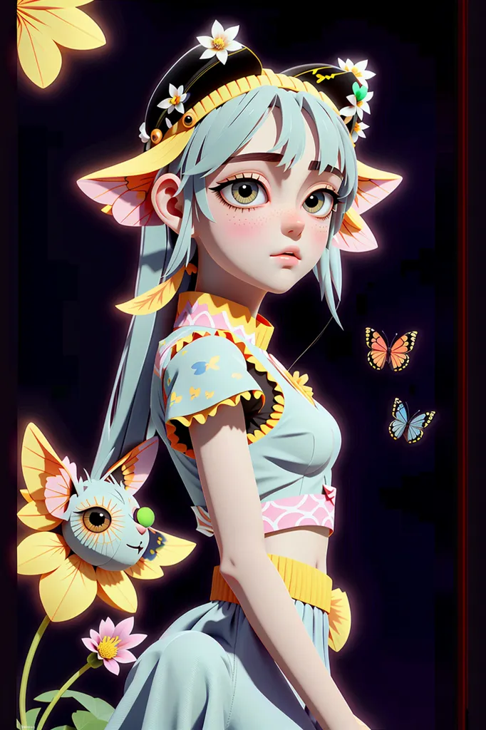 The image is a portrait of a young girl with long green hair. She is wearing a traditional Chinese dress with a white top and blue skirt. The dress is decorated with yellow and pink flowers. She is also wearing a hat with a yellow flower on it. The girl has big green eyes and a small nose. Her lips are slightly parted. There are two butterflies on her right side and some flowers and a plant on her left side. The background is dark blue.