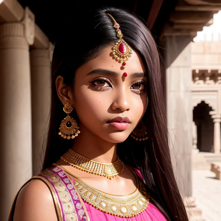 The picture shows a young Indian woman, probably a teenager, with long, dark hair, dark brown eyes, and a bindi on her forehead. She is wearing a pink sleeveless dress with golden borders and a golden necklace with matching earrings. The background is blurry, but it looks like she is in a temple or some other kind of building.