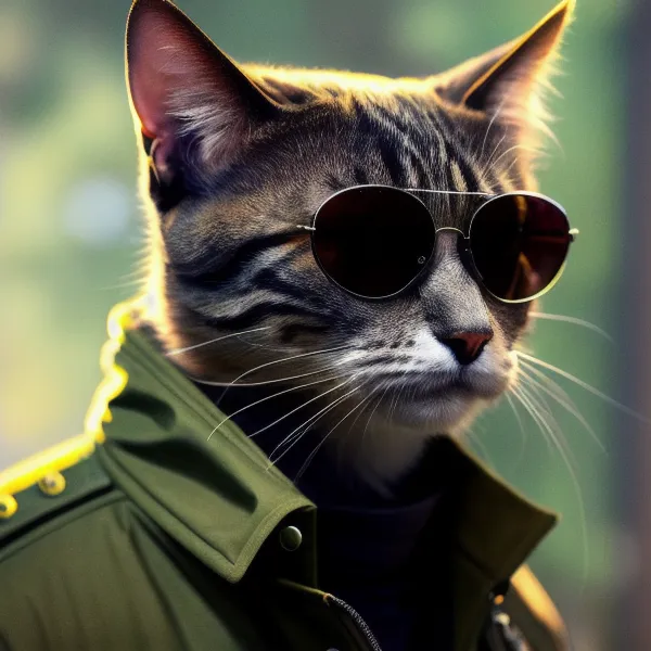 This is a photo of a cat wearing sunglasses and a green military-style jacket. The cat is looking to the right of the frame, which is slightly angled downward. The background is blurred.