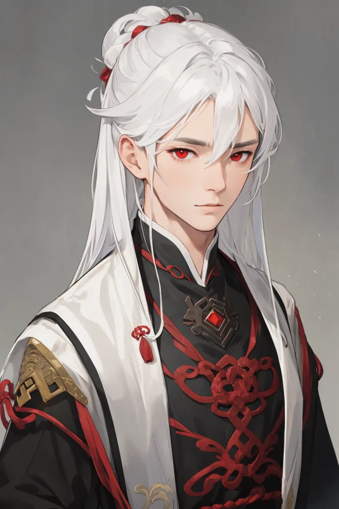 The image shows a young man with long white hair and red eyes. He is wearing a white and red robe with intricate golden and red details. The robe has a high collar and is tied closed with a red sash. The young man's hair is tied up in a bun with a red ribbon. He has a stern expression on his face.