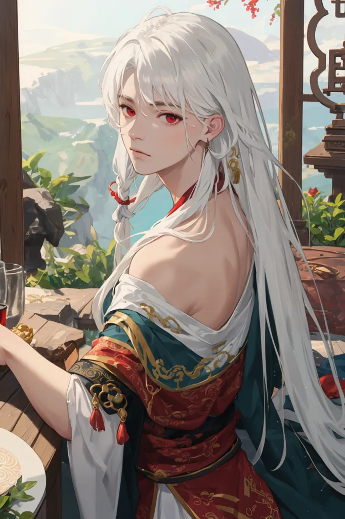 La imagen es de una hermosa mujer con el cabello blanco largo y ojos rojos. Ella está usando un vestido tradicional chino con un patrón rojo y dorado. Ella está sentada en un pabellón, mirando hacia un paisaje montañoso. Hay un plato de comida en la mesa frente a ella y ella está sosteniendo una copa de vino.