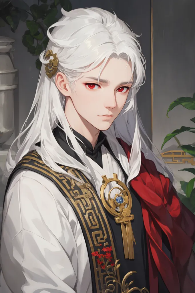 The image shows a young man with long white hair and red eyes. He is wearing a white shirt with a red robe and a gold necklace with a blue gem in the center. He has a serious expression on his face. There are two green plants in the background.