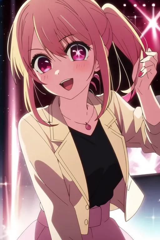 The image shows an anime girl with pink hair and red eyes. She is wearing a white button-down shirt, a pink jacket, and a black skirt. She is smiling and has her hand in her hair. She is standing in front of a pink background with sparkles.