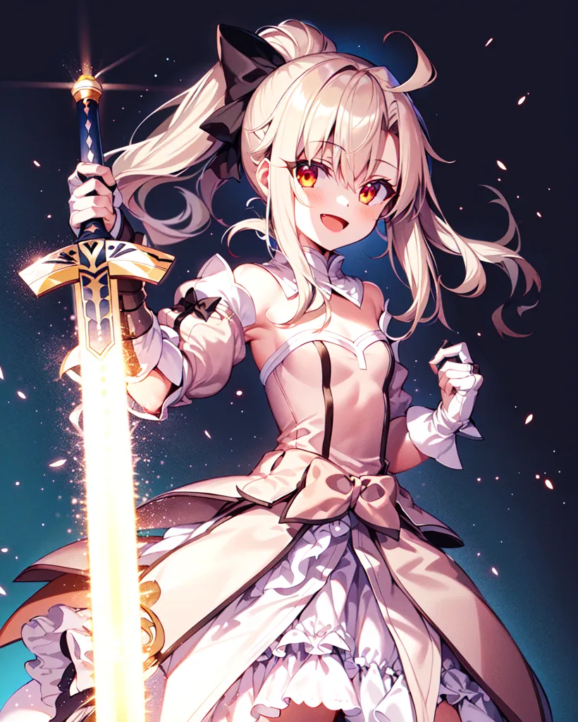 The image is of a young girl with long blonde hair and red eyes. She is wearing a white and pink dress with a black bow in her hair. She is holding a sword in her right hand and has a determined expression on her face. There are sparkles of light surrounding her.