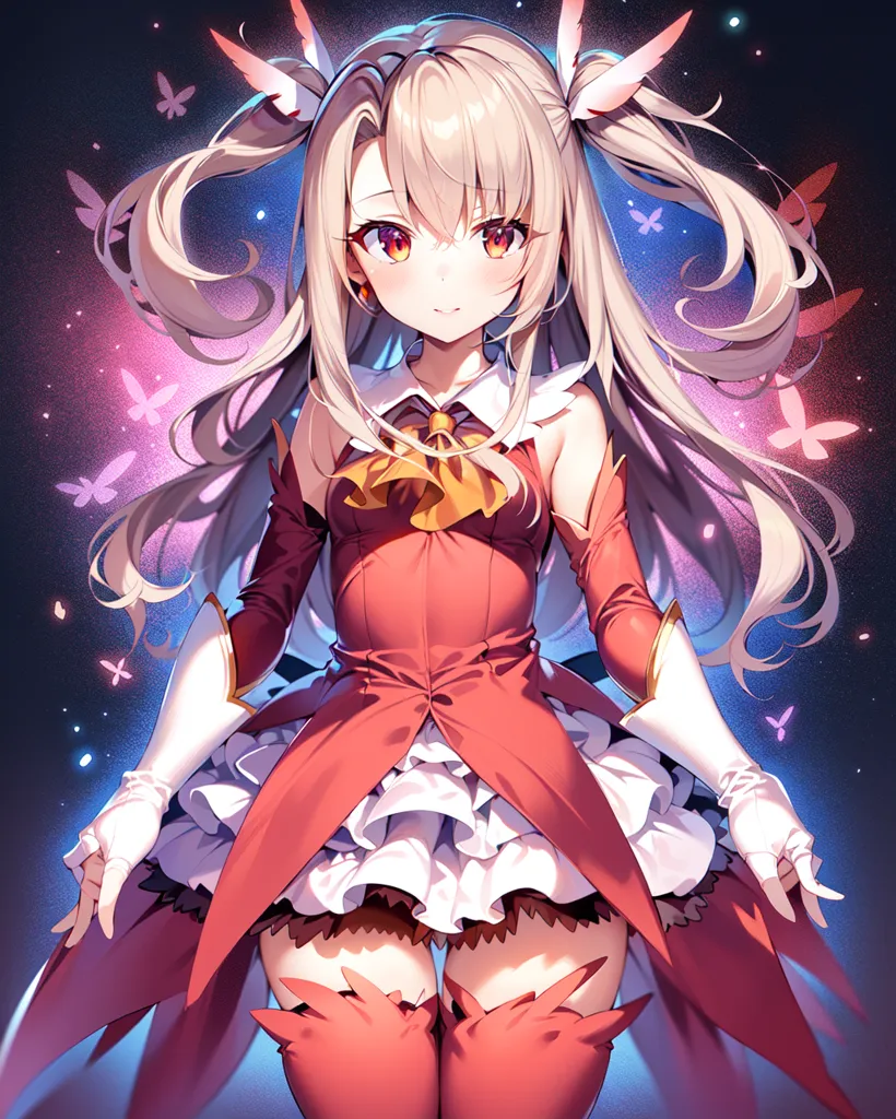 The image is an anime-style drawing of a girl with long, flowing hair and red eyes. She is wearing a red and white dress with a yellow bow at the neck. She has a gentle smile on her face and is surrounded by a few butterflies. The background is a dark blue night sky with a few stars.