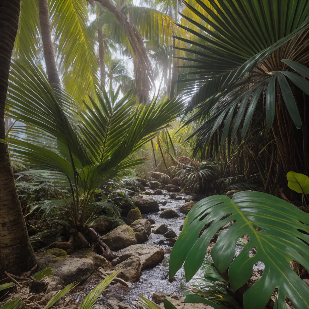 この画像は熱帯雨林の写真です。写真は低い角度から撮影されており、高い木々を見上げています。木々は濃い緑の葉で覆われています。日光が葉を通して差し込み、地面に斑模様を作っています。森の中央には小さな川が流れています。川は岩と苔に囲まれています。地面は厚い落ち葉や有機物で覆われています。空気は湿っており、静かです。唯一聞こえるのは川のそよぐ音です。この写真は自然の美しさを静かに思い起こさせてくれます。