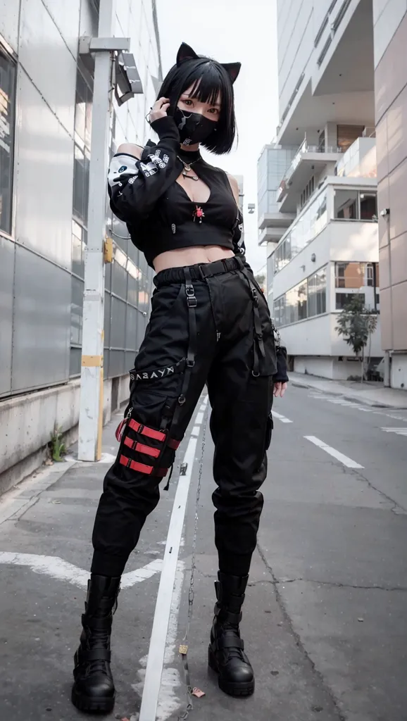 La photo montre une jeune femme portant une tenue noire avec des accents rouges. Elle porte un crop top noir avec un décolleté en cœur et un pantalon noir avec des sangles et des boucles rouges. Elle porte également un masque noir et une paire de bottes noires. Elle a les cheveux courts et noirs et des oreilles de chat. Elle se tient dans un cadre urbain, avec un bâtiment en arrière-plan.