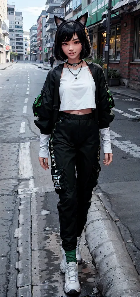 La imagen muestra a una mujer joven, posiblemente de finales de la adolescencia o principios de los veinte, con el cabello negro y orejas de gato. Lleva una blusa corta blanca, pantalones negros con acentos verdes y blancos, y una chaqueta negra con rayas verdes en las mangas. También tiene un collar con un colgante en forma de cabeza de gato. Está caminando por una calle de la ciudad con edificios a ambos lados y una persona caminando en dirección opuesta. El cielo es azul con algunas nubes.