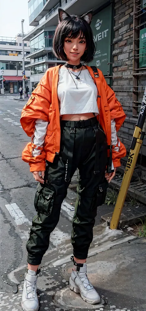 Esta es una imagen de una mujer joven, posiblemente de finales de la adolescencia o principios de los veinte, vestida con un atuendo elegante. Tiene el cabello corto y negro, peinado en un bob desigual con flequillo, y sus orejas están adornadas con perforaciones con forma de gato. La mujer lleva una camiseta blanca corta, una chaqueta bomber naranja brillante y unos pantalones cargo verde oliva holgados. Tiene un cinturón negro ajustado a la cintura y una cadena de plata colgando del cuello. Los pies de la mujer están cubiertos con zapatillas blancas gruesas. Está de pie en un entorno urbano, con una calle de la ciudad y edificios al fondo.