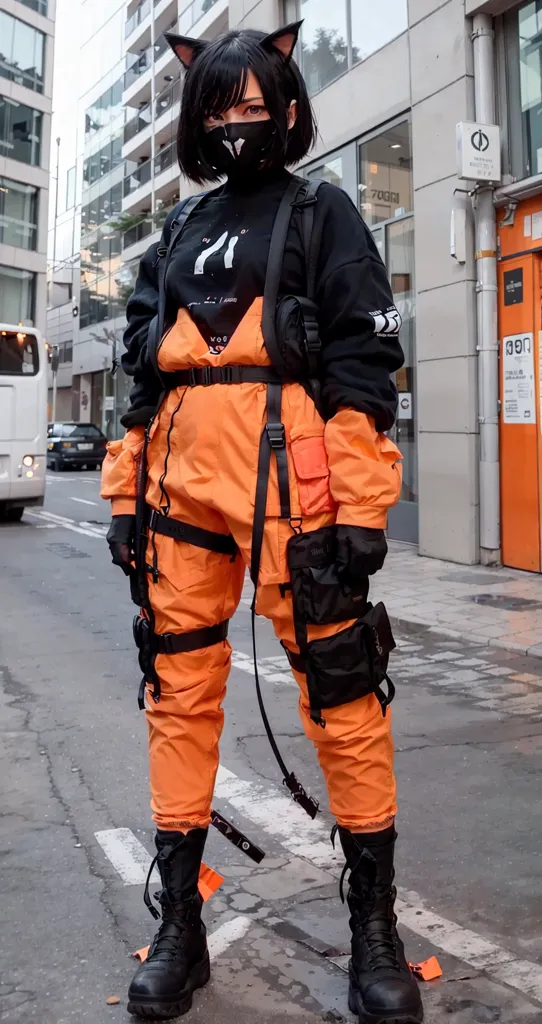 The photo shows a person wearing a black and orange outfit. The person is wearing a black mask, a black and orange jacket, and orange pants. The person is also wearing a lot of straps and buckles. The person is standing in front of a building.