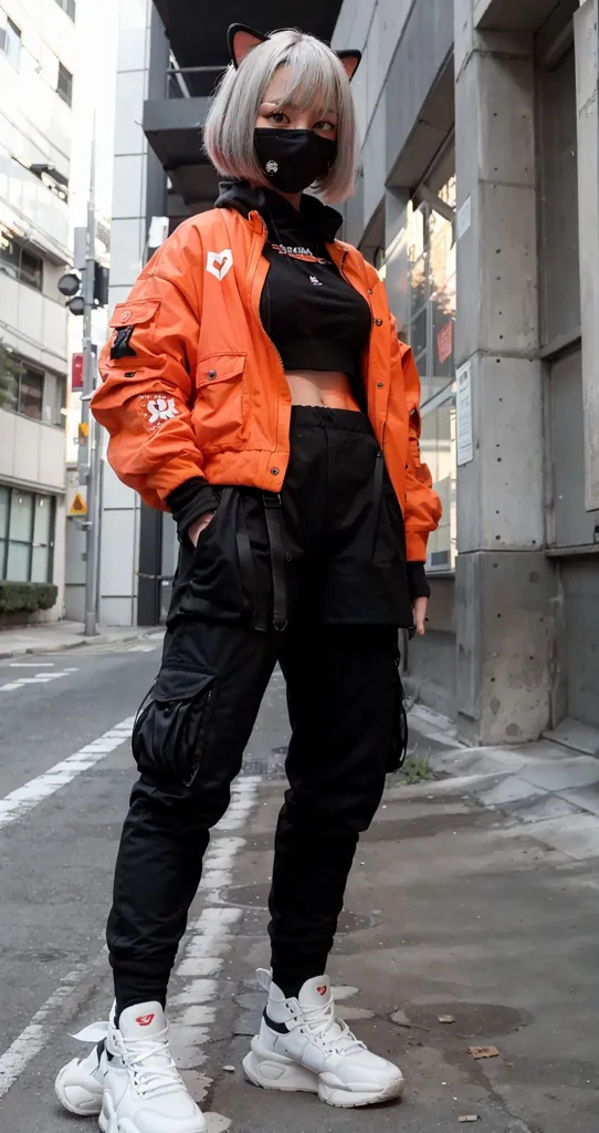 The photo shows a young woman wearing a stylish outfit. She is wearing a black crop top, high-waisted black pants with lots of straps and buckles, and an orange bomber jacket with black and white details. She is also wearing a black face mask and a pair of white sneakers. She has short white hair and cat ears. The background of the photo is a busy street with buildings and cars.