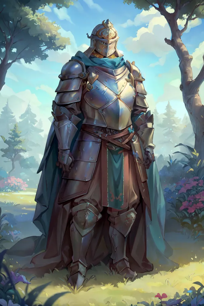 The image shows a knight in full plate armor. He is wearing a helmet with a visor, and his armor is decorated with gold trim. He is also wearing a blue cloak lined with fur. The knight is standing in a forest, and there are trees and flowers in the background.