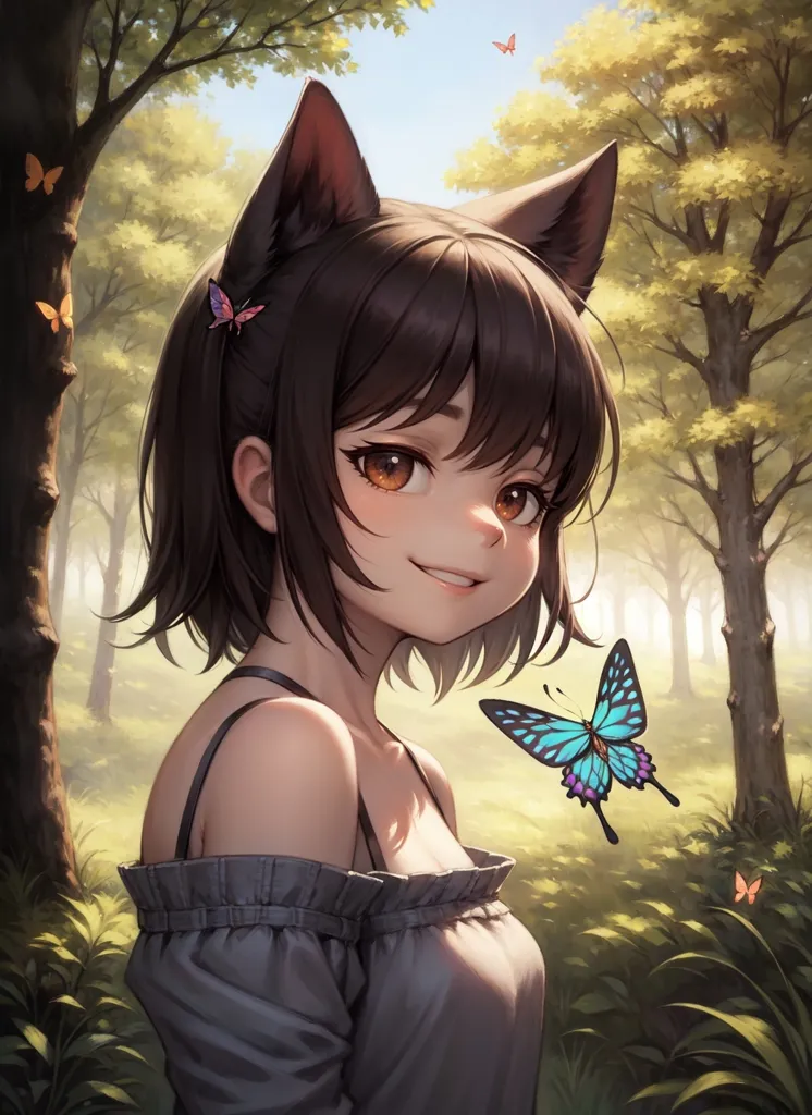 The image is a portrait of a young woman with cat ears. She has brown hair and brown eyes, and is wearing a grey off-the-shoulder dress. She has a friendly smile on her face, and there are butterflies of various colors flying around her. The background is a forest, with green trees and a blue sky.