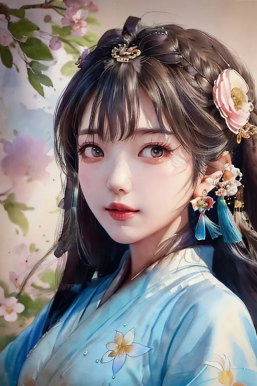 The image shows a young woman with long black hair and brown eyes. She is wearing a blue kimono with white and pink flowers. Her hair is styled with a bun and she is wearing pink and blue hair accessories. She is also wearing blue and pink earrings. The background is a light pink color with a cherry blossom tree branch with pink flowers.