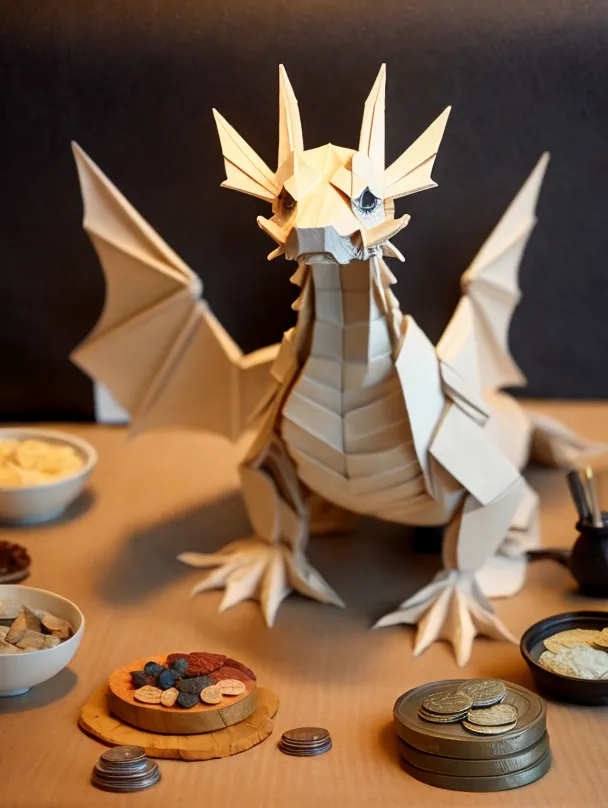 The image shows a white origami dragon sitting on a table. The dragon is facing the viewer and has its wings spread out. There are several piles of coins and a wooden bowl with grain or some other foodstuff on the table. The background is a dark color.