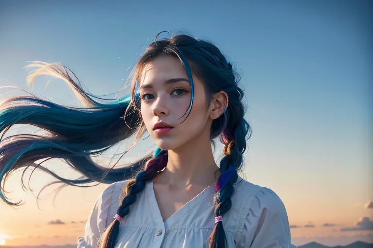 La imagen muestra a una mujer joven con el cabello azul largo que se está moviendo con el viento. Lleva un vestido blanco y tiene una expresión seria en su rostro. El fondo es un degradado de azul y naranja.