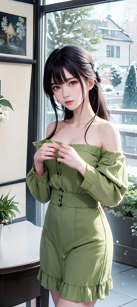 この画像には、長い黒髪と茶色の瞳を持つ美しい若い女性が写っています。彼女は、プリーツスカートのグリーンのオフショルダードレスを着ています。ドレスには前面にボタンが付いたフィットしたボディスがあります。女性は窓の前に立っており、テーブルの上には花瓶が置かれています。背景は雪に覆われた森の見えにくい景色です。