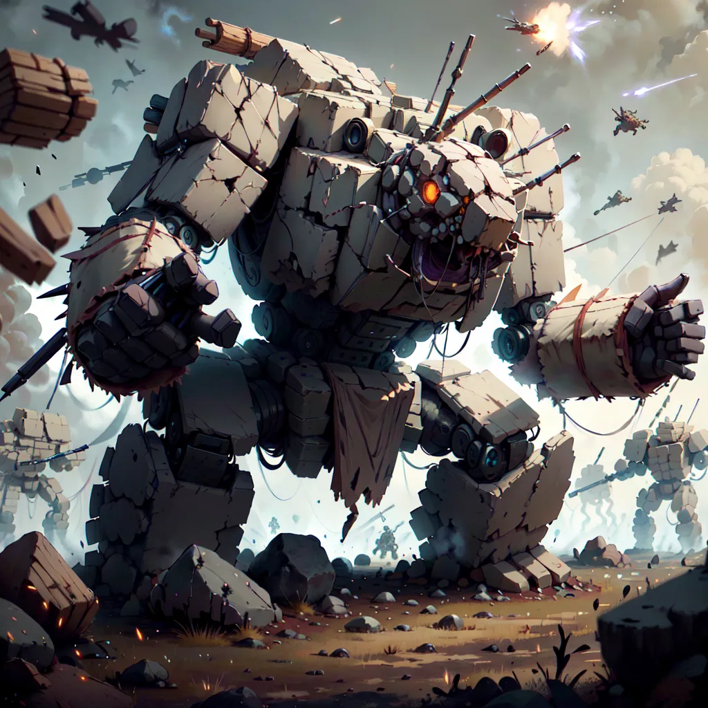 The image shows a giant robot made of stone. It has a large, round body with a single eye in the center. Its arms and legs are thick and powerful, and it has a large, spiked mace in one hand. The robot is surrounded by smaller robots, which are also made of stone. The robots are all armed with weapons, and they are all charging towards the viewer. In the background, there is a large, ruined city. The sky is dark and cloudy, and there is a sense of impending doom.