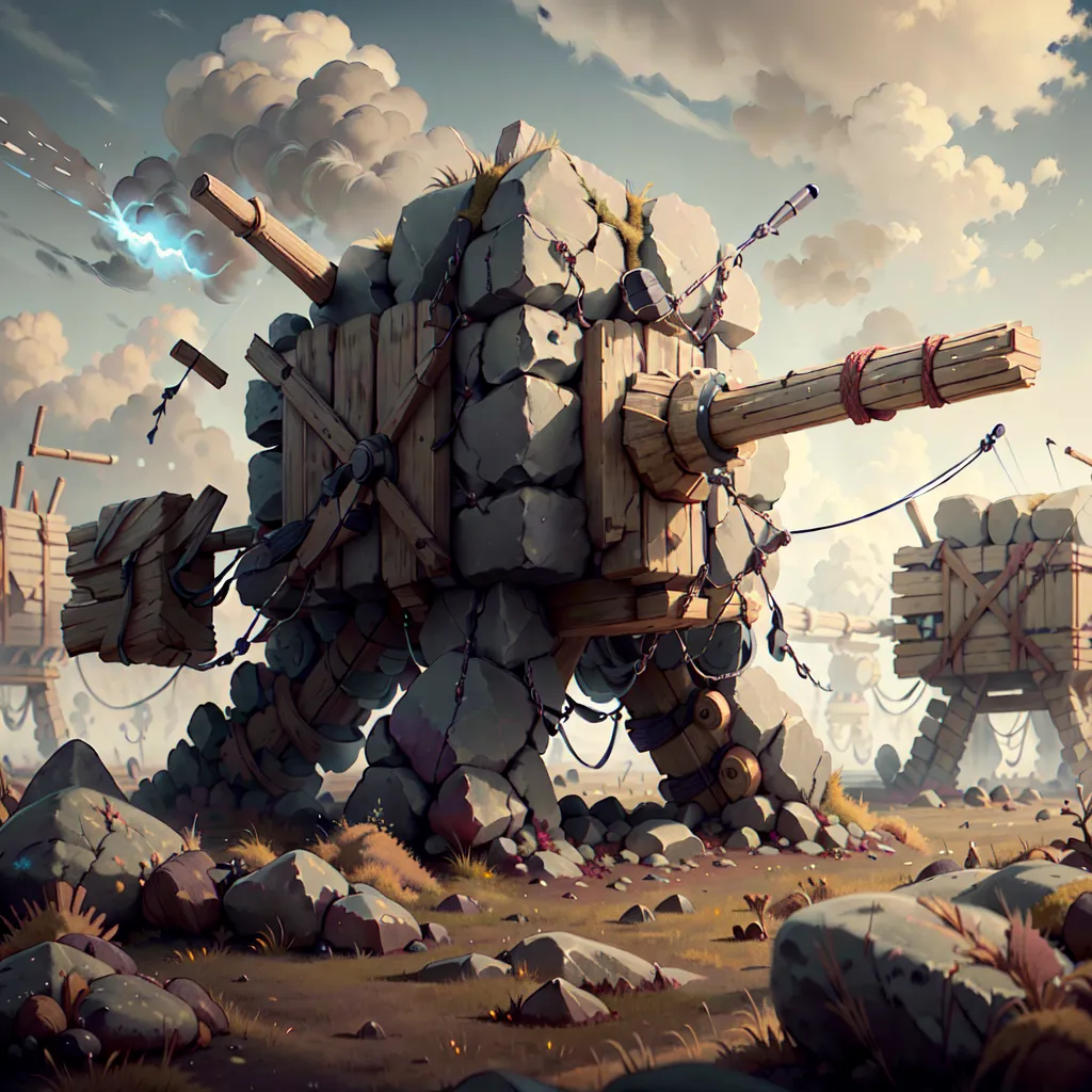 The image shows a squad of steampunk tanks made of stone and wood. The tanks are armed with cannons and are advancing across a rocky plain. In the background, there are clouds in the sky. The tanks are made up of large blocks of stone that are held together by wooden beams. The cannons are made of metal and are mounted on the front of the tanks. The tanks are also equipped with wheels that allow them to move across the battlefield.